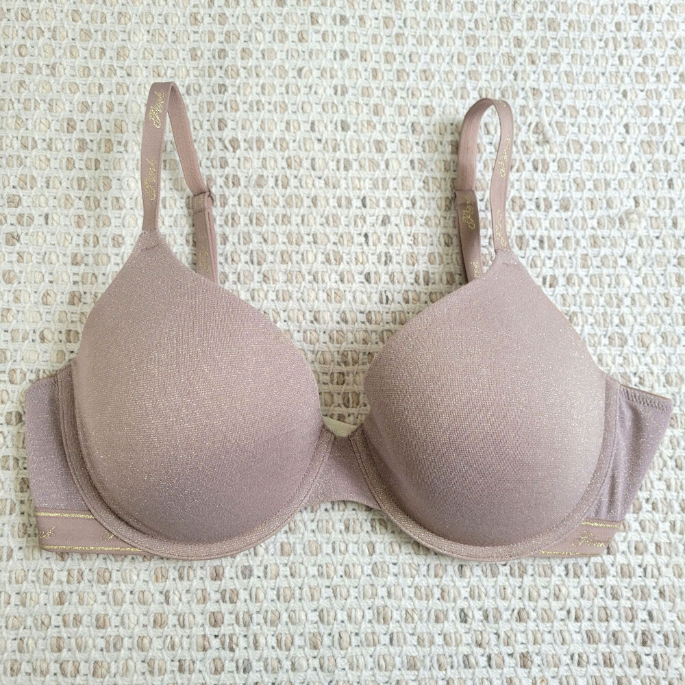 PINK 36D Bra Wear Everywhere Lightly Lined T-Shirt Taupe Sparkle Adjustable